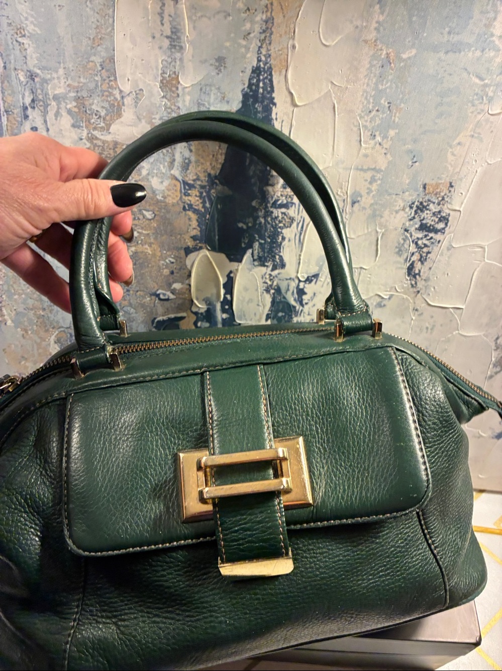 Vintage Liz Claiborne Dark Green Leather Top-Handle Satchel with Gold Hardware - Picture 2 of 15